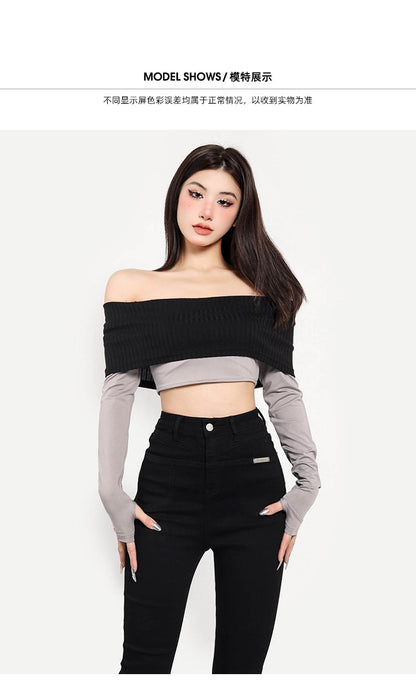 Antmvs Giana Contrast Color Off the Shoulder Long Sleeve Slim Cropped Top