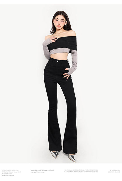 Antmvs Giana Contrast Color Off the Shoulder Long Sleeve Slim Cropped Top