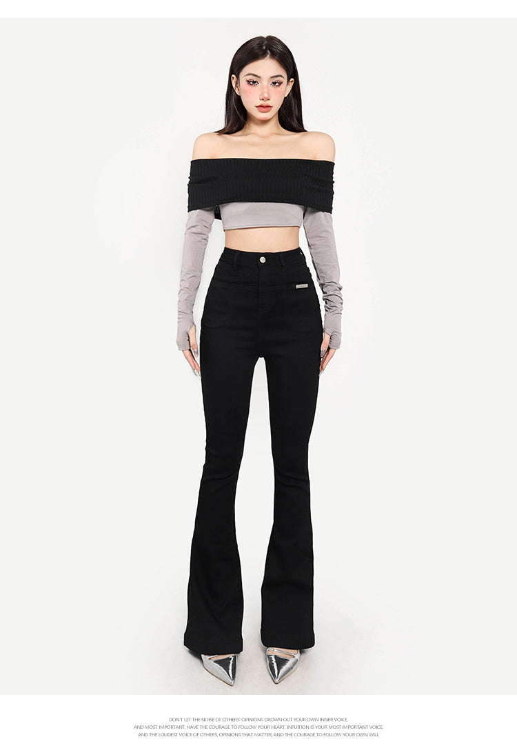 Antmvs Giana Contrast Color Off the Shoulder Long Sleeve Slim Cropped Top