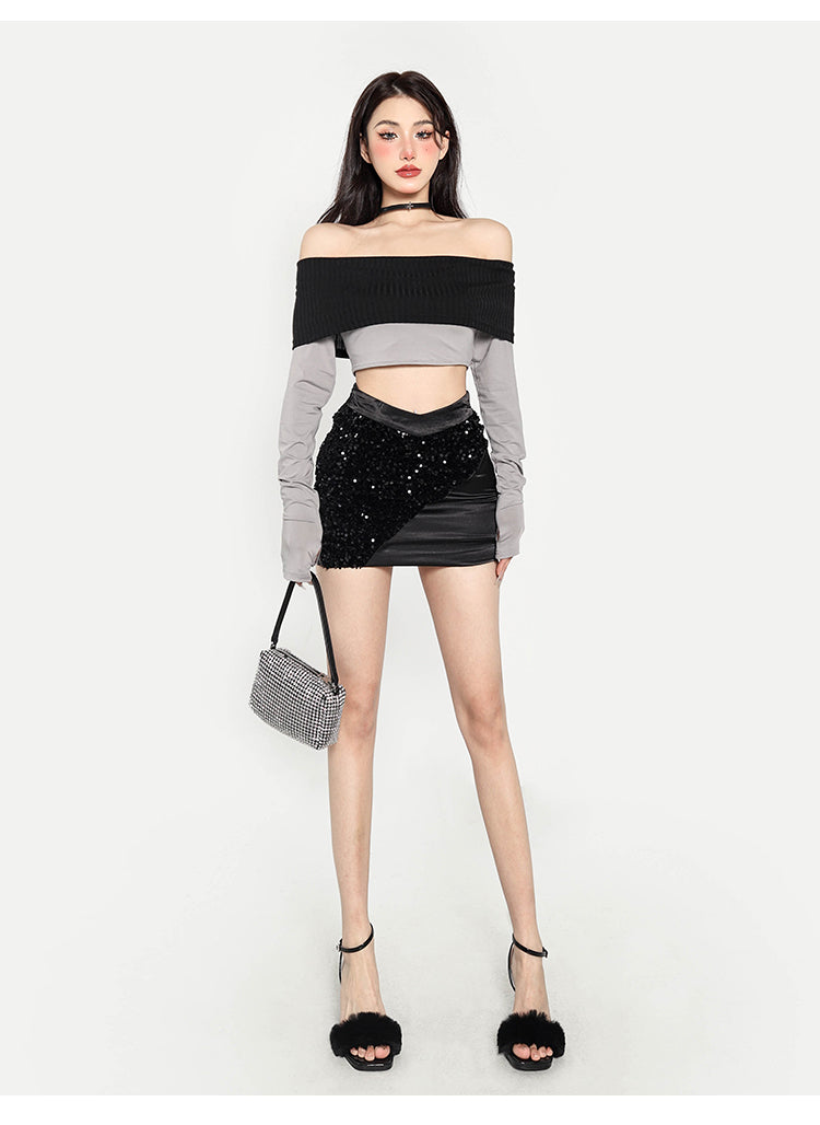 Antmvs Giana Contrast Color Off the Shoulder Long Sleeve Slim Cropped Top