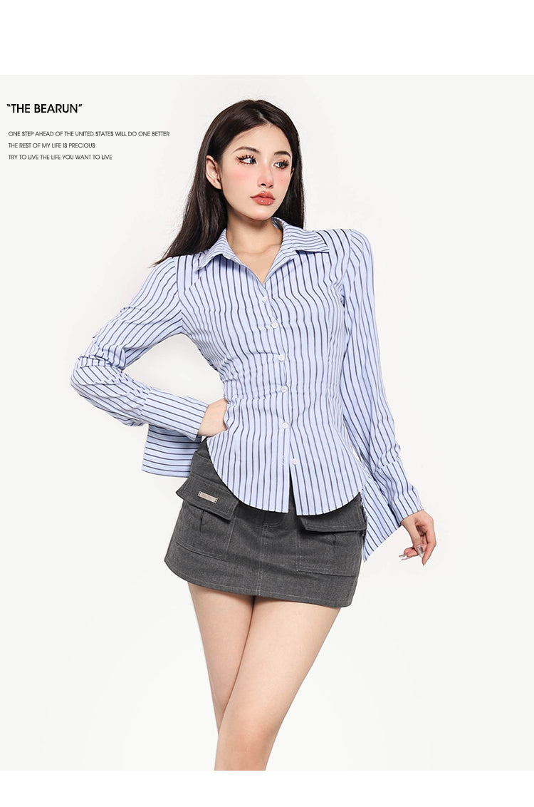 Antmvs Asia Stripe Blue Slim Button Up Long Sleeve Fitted Top