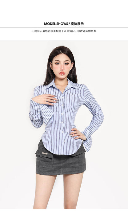 Antmvs Asia Stripe Blue Slim Button Up Long Sleeve Fitted Top