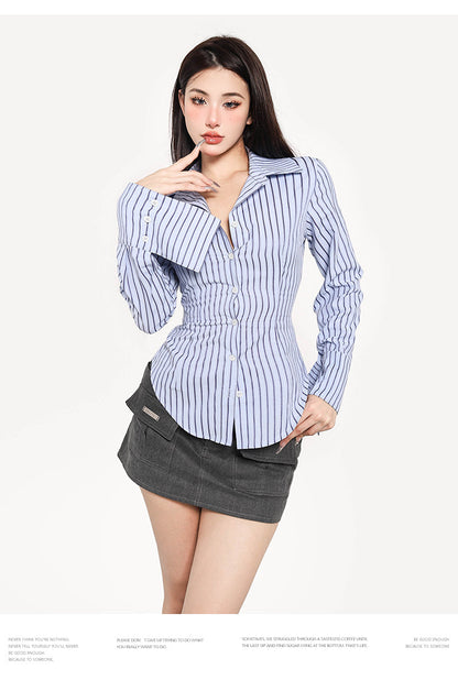 Antmvs Asia Stripe Blue Slim Button Up Long Sleeve Fitted Top