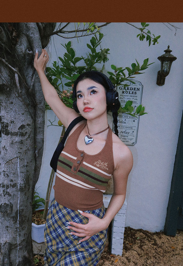 Antmvs BeerBro American Striped Halter Button Up Cropped Top