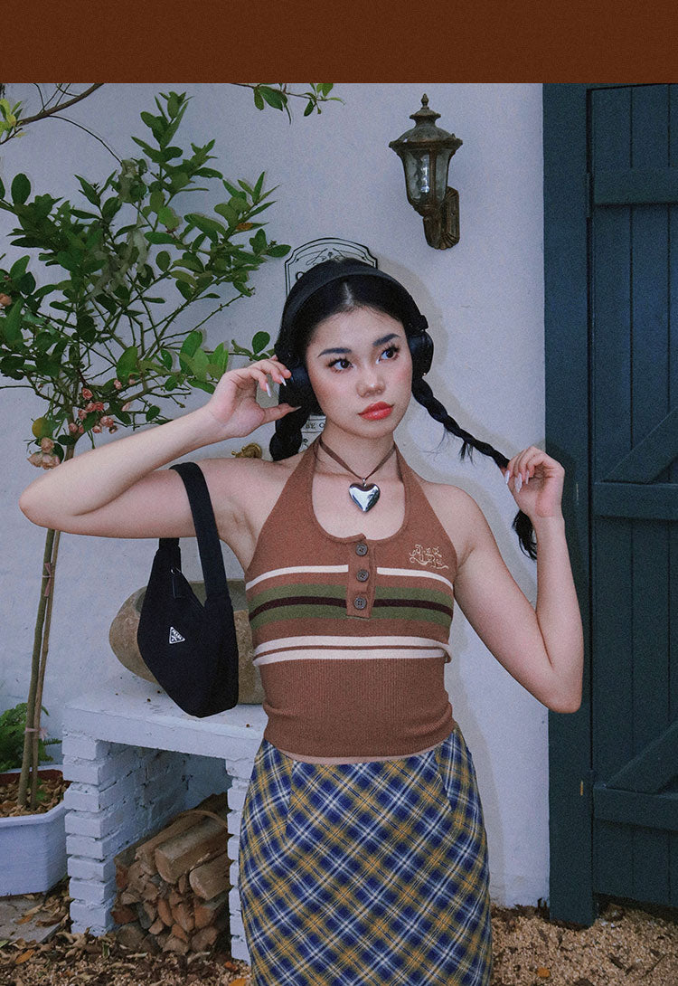 Antmvs BeerBro American Striped Halter Button Up Cropped Top