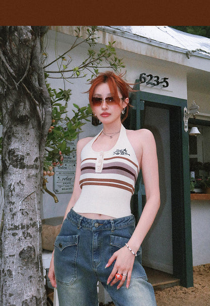 Antmvs BeerBro American Striped Halter Button Up Cropped Top