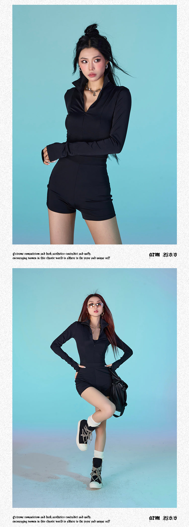 Antmvs Alice Solid Color Black Jumpsuit Long Sleeve Slim Zip Up Top Slim Mini Short Set