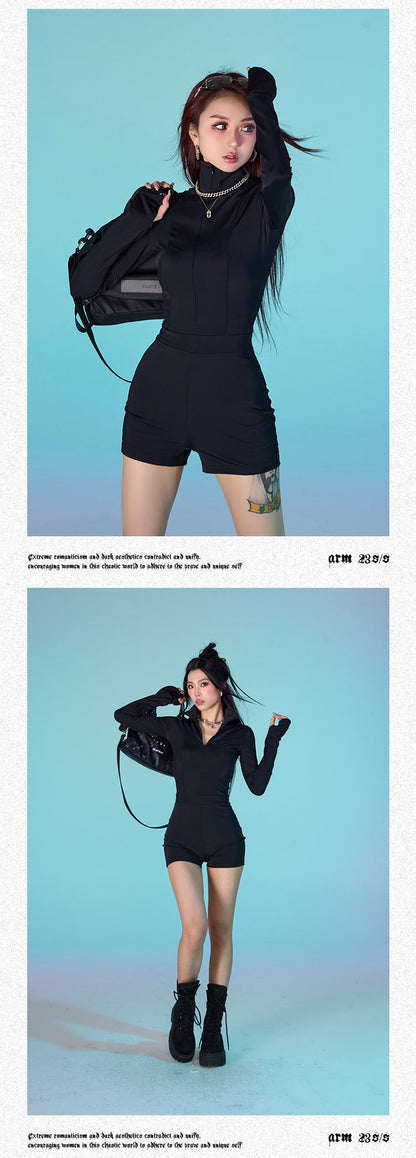 Antmvs Alice Solid Color Black Jumpsuit Long Sleeve Slim Zip Up Top Slim Mini Short Set