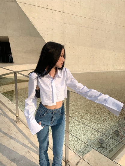 Antmvs Kendall Solid Color White Asymmetrical Office Long Sleeve Button Up Cropped Shirt Top