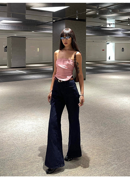Antmvs Barbie Pink Shiny Pearlescent Fine Shewing Side Ties Irregular Pleated Sleeveless Bandeau Short Cropped Lace Up Top