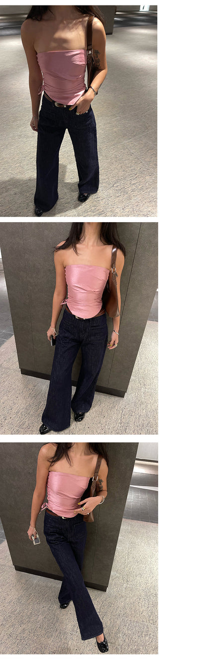 Antmvs Barbie Pink Shiny Pearlescent Fine Shewing Side Ties Irregular Pleated Sleeveless Bandeau Short Cropped Lace Up Top