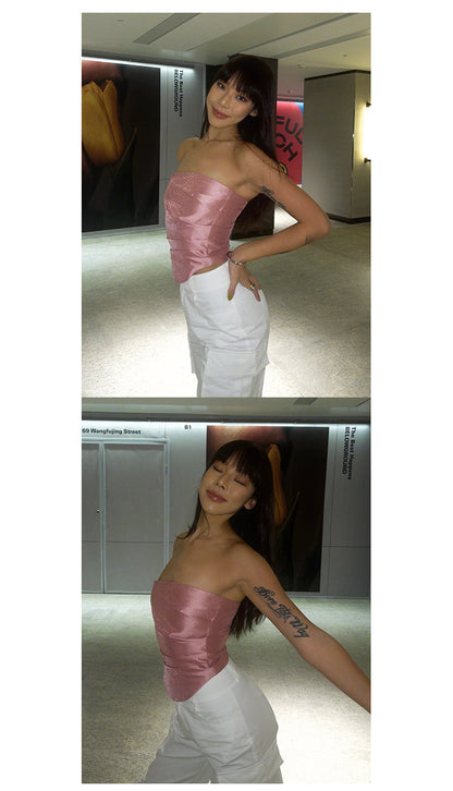 Antmvs Barbie Pink Shiny Pearlescent Fine Shewing Side Ties Irregular Pleated Sleeveless Bandeau Short Cropped Lace Up Top