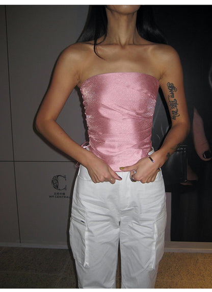 Antmvs Barbie Pink Shiny Pearlescent Fine Shewing Side Ties Irregular Pleated Sleeveless Bandeau Short Cropped Lace Up Top