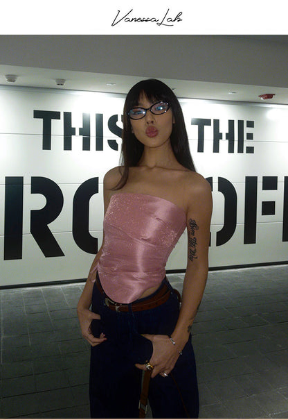 Antmvs Barbie Pink Shiny Pearlescent Fine Shewing Side Ties Irregular Pleated Sleeveless Bandeau Short Cropped Lace Up Top
