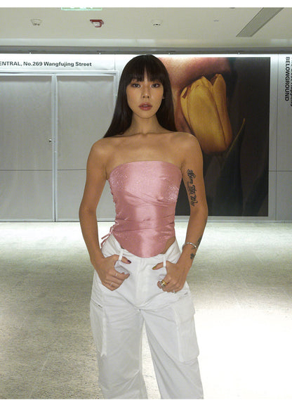 Antmvs Barbie Pink Shiny Pearlescent Fine Shewing Side Ties Irregular Pleated Sleeveless Bandeau Short Cropped Lace Up Top