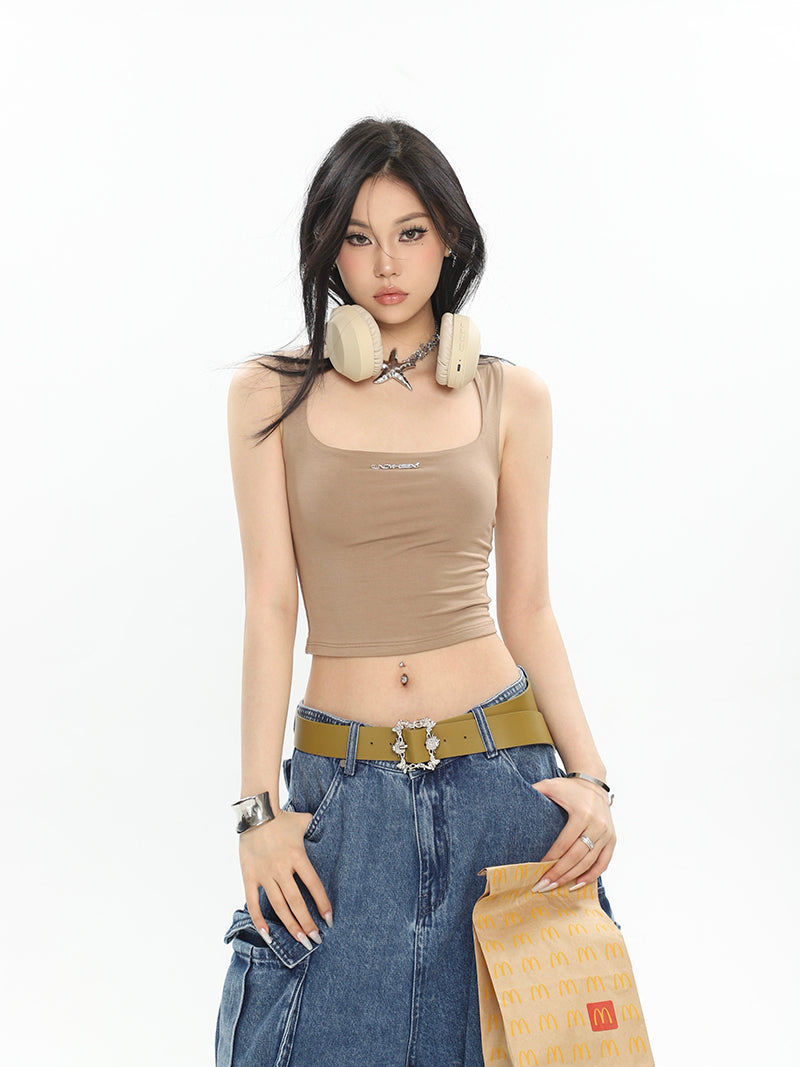 Antmvs Sissy Solid Color Square Neck Strap Sleeveless Slim Bodycon Cropped Top