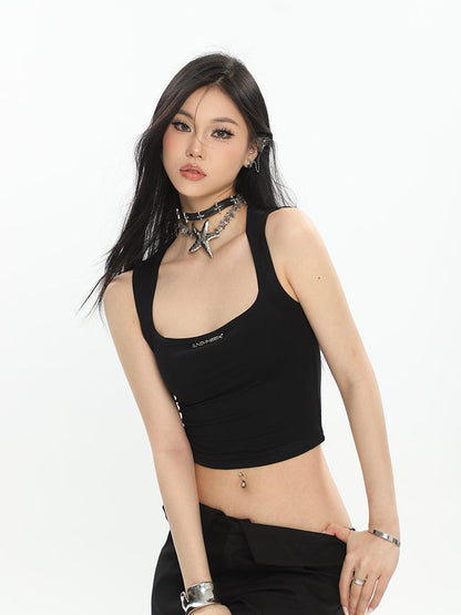 Antmvs Sissy Solid Color Square Neck Strap Sleeveless Slim Bodycon Cropped Top