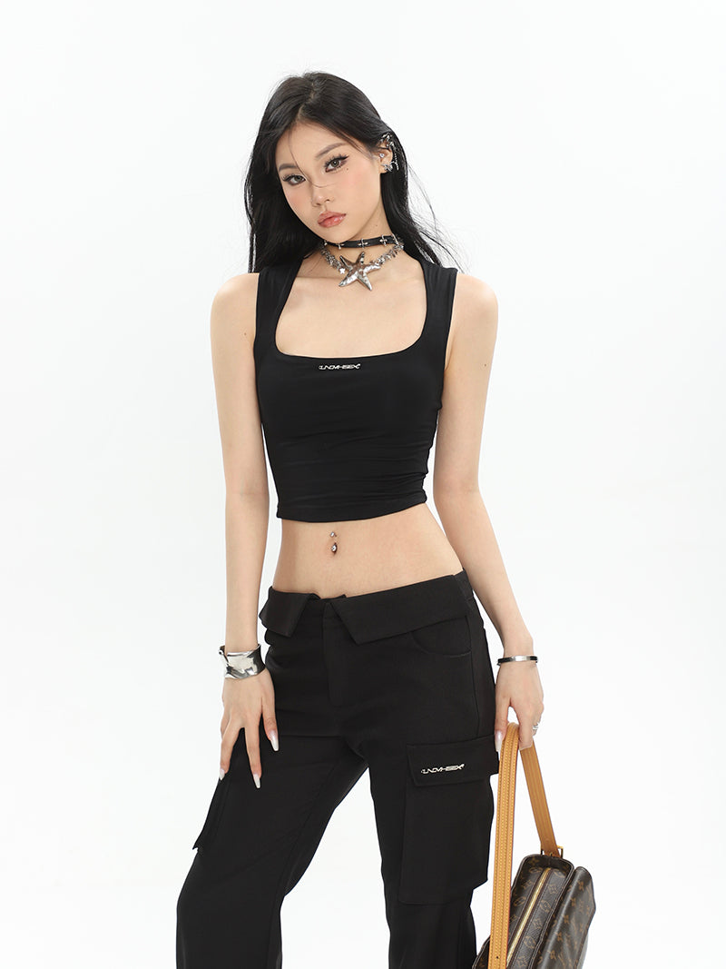 Antmvs Sissy Solid Color Square Neck Strap Sleeveless Slim Bodycon Cropped Top