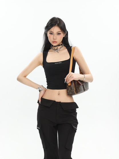 Antmvs Sissy Solid Color Square Neck Strap Sleeveless Slim Bodycon Cropped Top