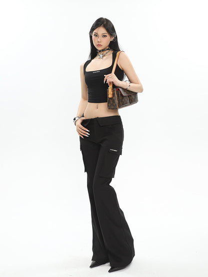 Antmvs Sissy Solid Color Square Neck Strap Sleeveless Slim Bodycon Cropped Top