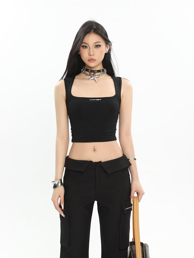 Antmvs Sissy Solid Color Square Neck Strap Sleeveless Slim Bodycon Cropped Top