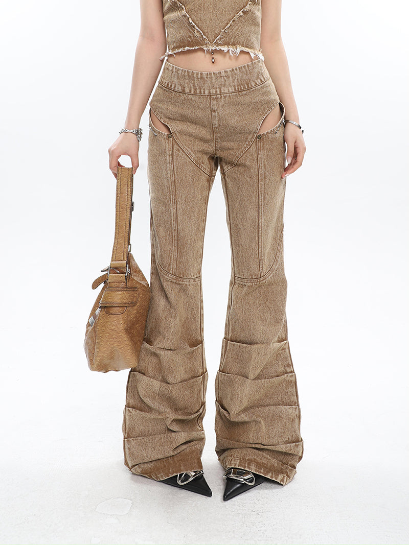 Antmvs Giana Brown Washed Heart Shape Old Vintage Denim Tank Top + Pleated Flared Pants Matching Set