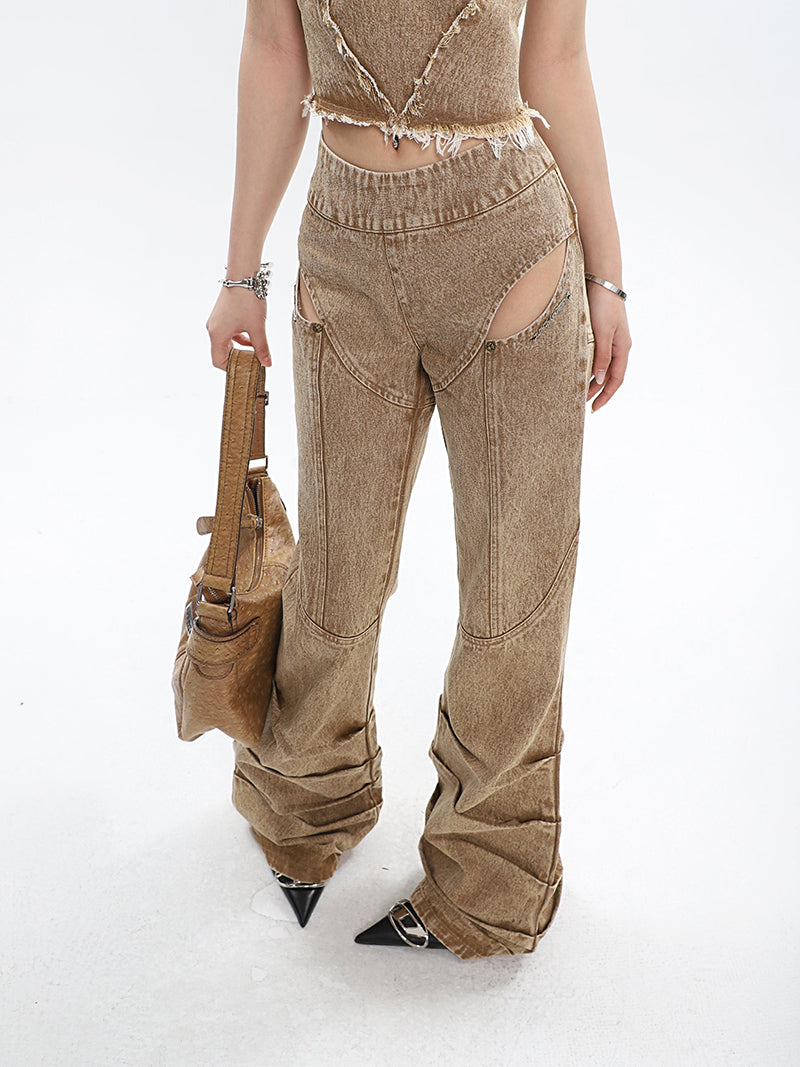 Antmvs Giana Brown Washed Heart Shape Old Vintage Denim Tank Top + Pleated Flared Pants Matching Set