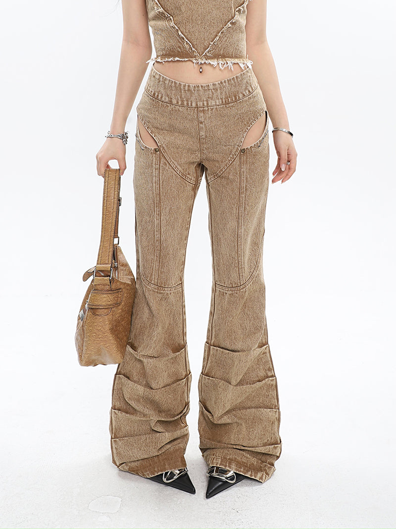 Antmvs Giana Brown Washed Heart Shape Old Vintage Denim Tank Top + Pleated Flared Pants Matching Set