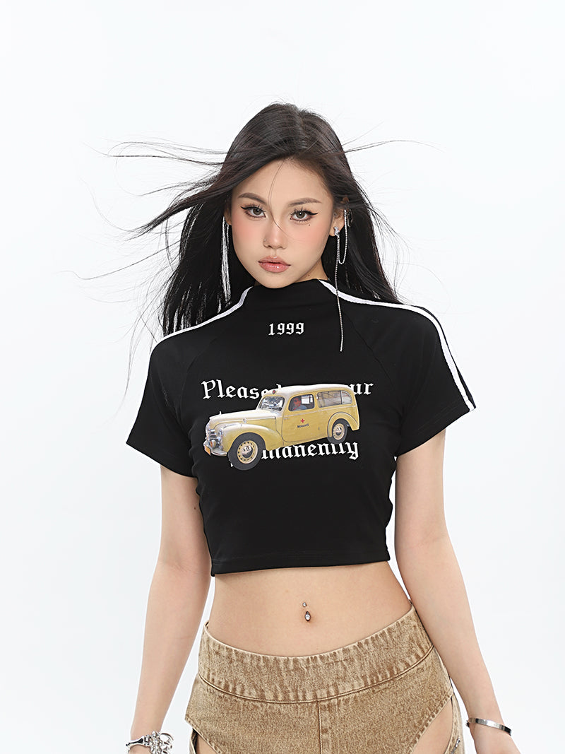 Antmvs Delancy Graphic Automobile Image Print Turtleneck Solid Color Short Sleeve Cropped Top