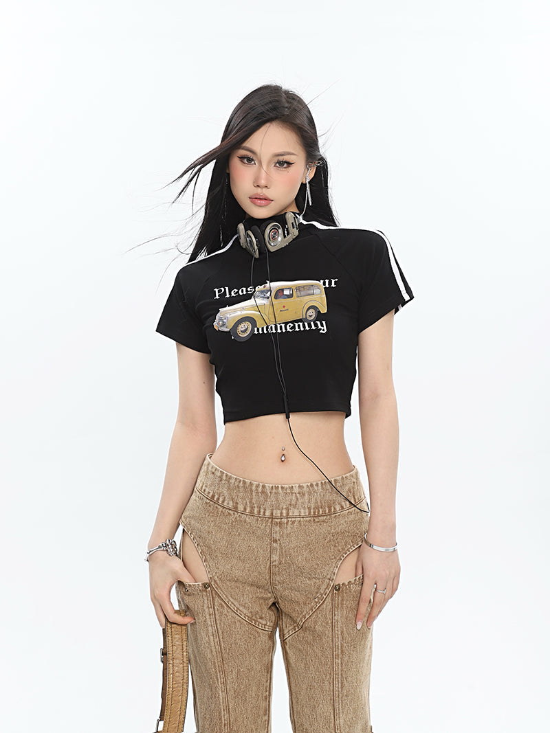 Antmvs Delancy Graphic Automobile Image Print Turtleneck Solid Color Short Sleeve Cropped Top