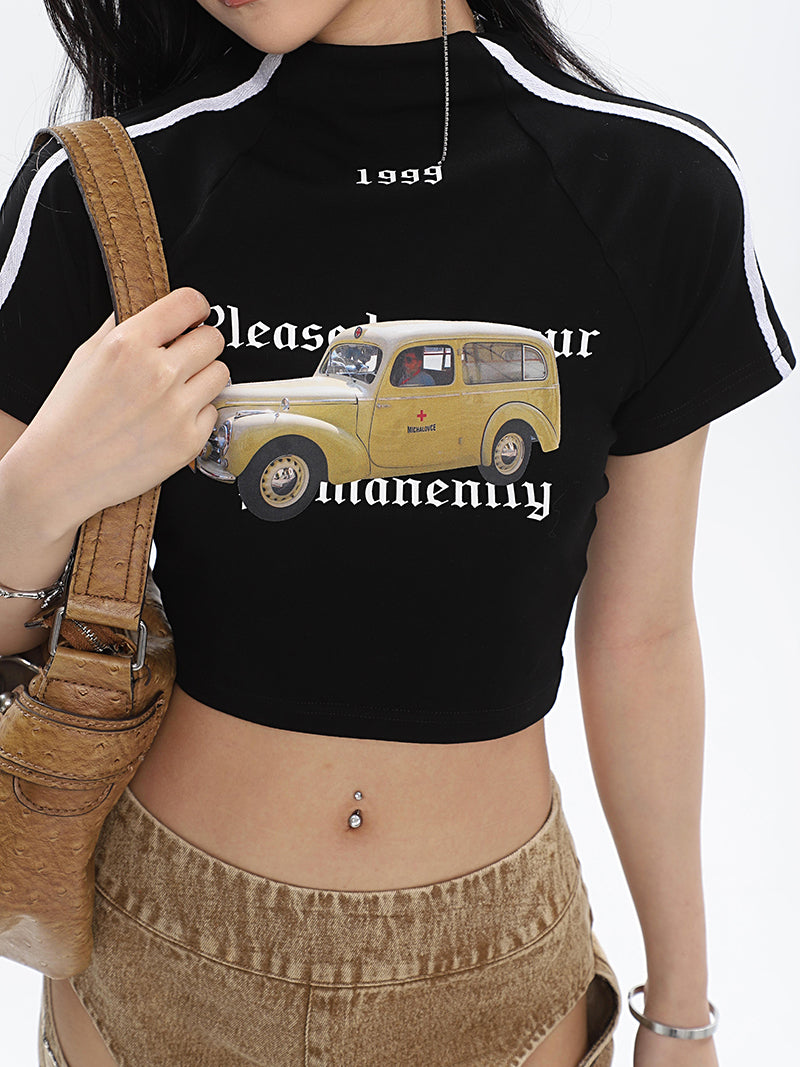 Antmvs Delancy Graphic Automobile Image Print Turtleneck Solid Color Short Sleeve Cropped Top