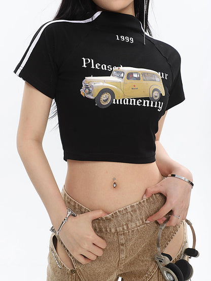 Antmvs Delancy Graphic Automobile Image Print Turtleneck Solid Color Short Sleeve Cropped Top