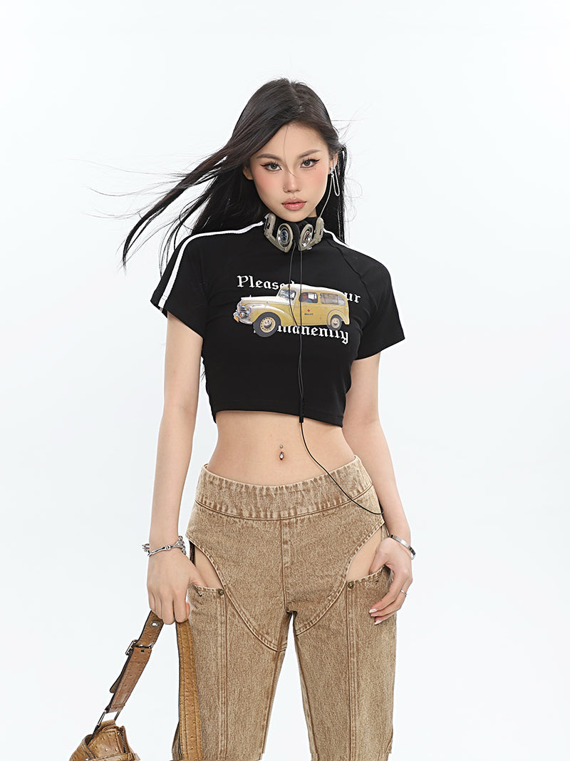 Antmvs Delancy Graphic Automobile Image Print Turtleneck Solid Color Short Sleeve Cropped Top