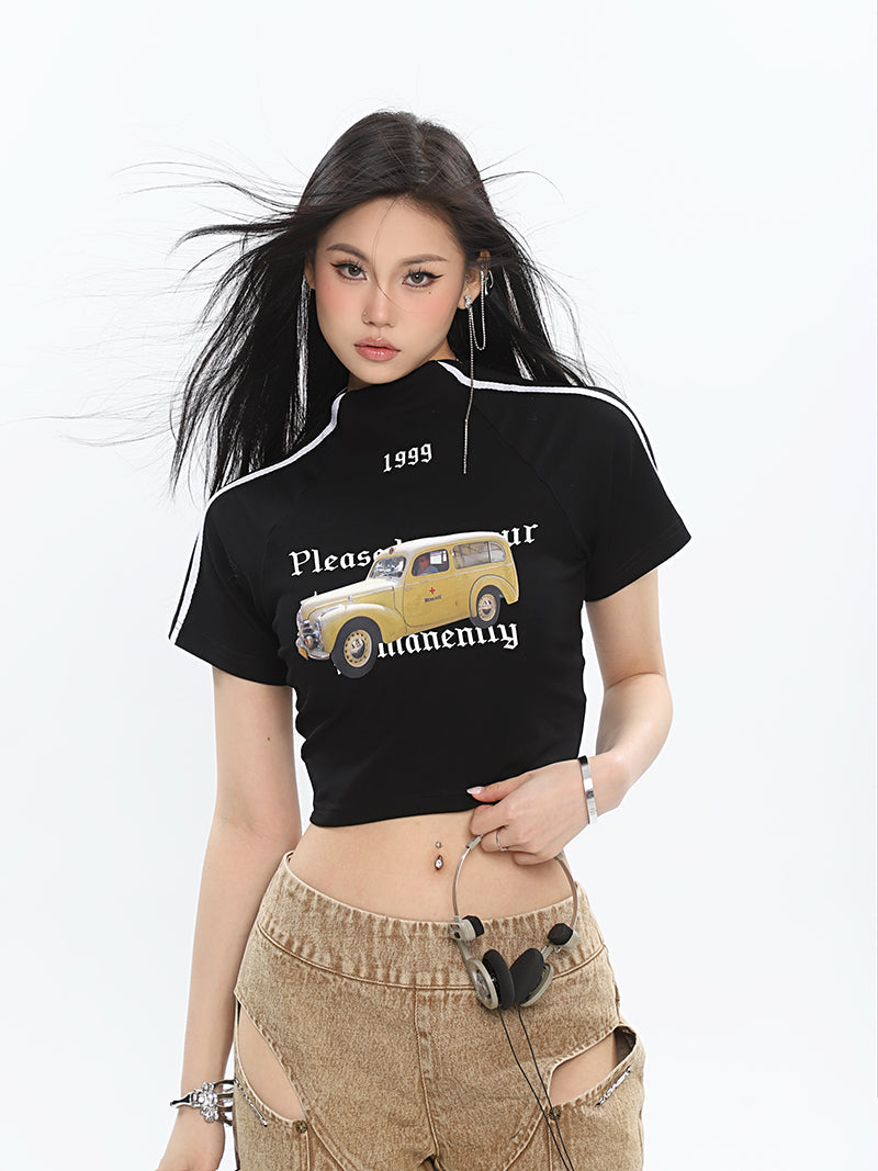 Antmvs Delancy Graphic Automobile Image Print Turtleneck Solid Color Short Sleeve Cropped Top