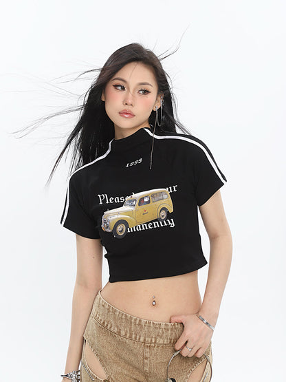 Antmvs Delancy Graphic Automobile Image Print Turtleneck Solid Color Short Sleeve Cropped Top