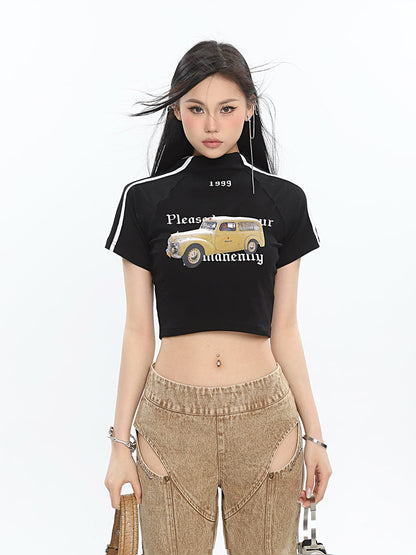 Antmvs Delancy Graphic Automobile Image Print Turtleneck Solid Color Short Sleeve Cropped Top