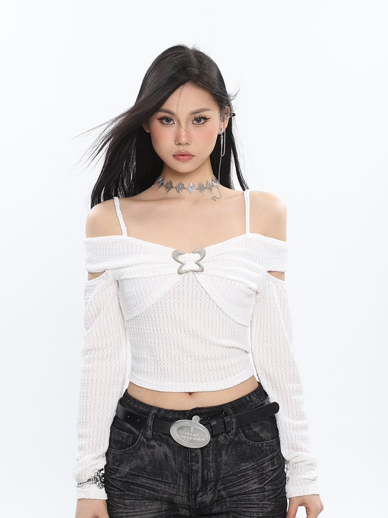 Antmvs Fernanda Silver Metalic Butterfly Solid Color Buckle Off-the-Shoulder Slip Slim Long Sleeve Cropped Top