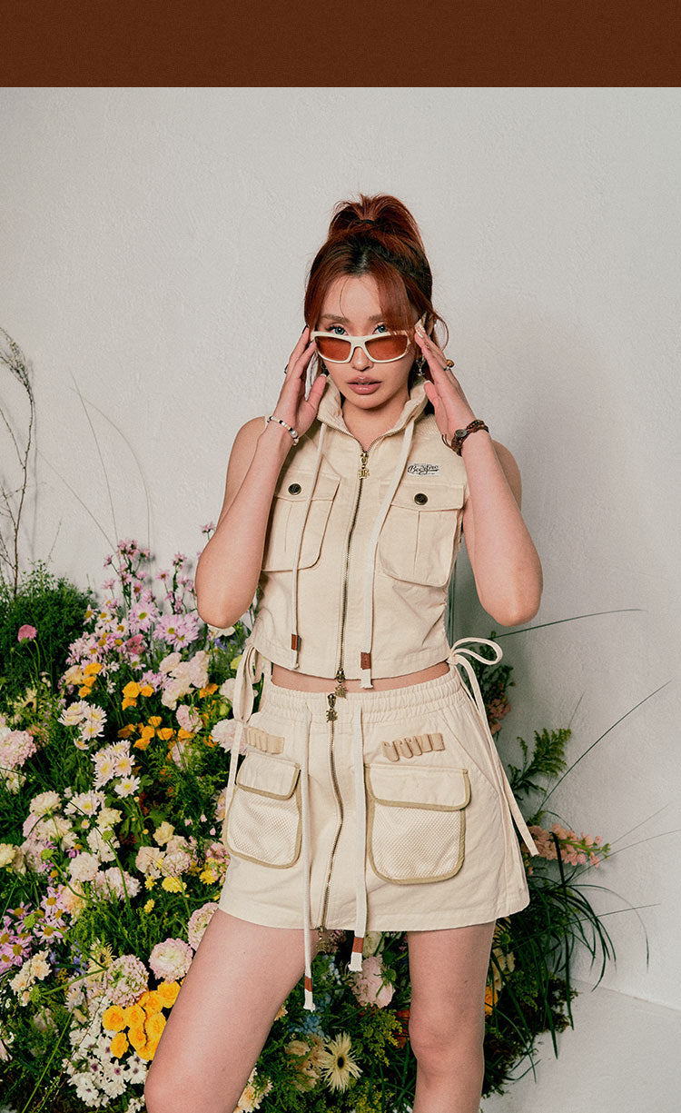 Antmvs Beer babe Solid Color Sleeveless Turtleneck Zip Up Multi-Pocket Cargo Cropped Top + Solid Color High Waist Multi-pocket Cargo Mini Set Matching Set