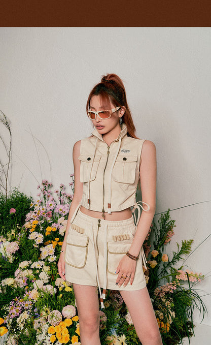 Antmvs Beer babe Solid Color Sleeveless Turtleneck Zip Up Multi-Pocket Cargo Cropped Top + Solid Color High Waist Multi-pocket Cargo Mini Set Matching Set