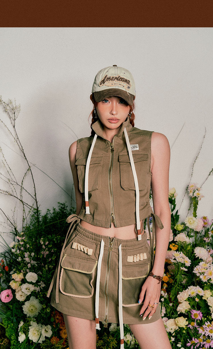 Antmvs Beer babe Solid Color Sleeveless Turtleneck Zip Up Multi-Pocket Cargo Cropped Top + Solid Color High Waist Multi-pocket Cargo Mini Set Matching Set