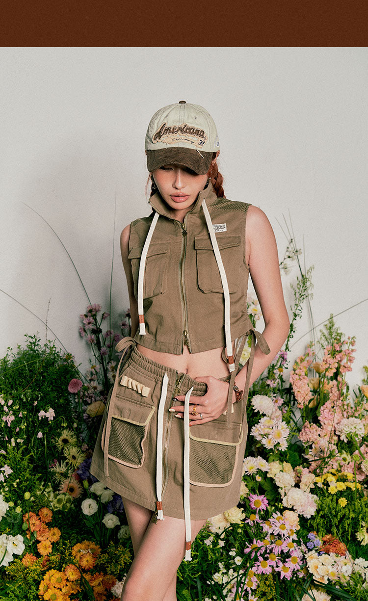 Antmvs Beer babe Solid Color Sleeveless Turtleneck Zip Up Multi-Pocket Cargo Cropped Top + Solid Color High Waist Multi-pocket Cargo Mini Set Matching Set