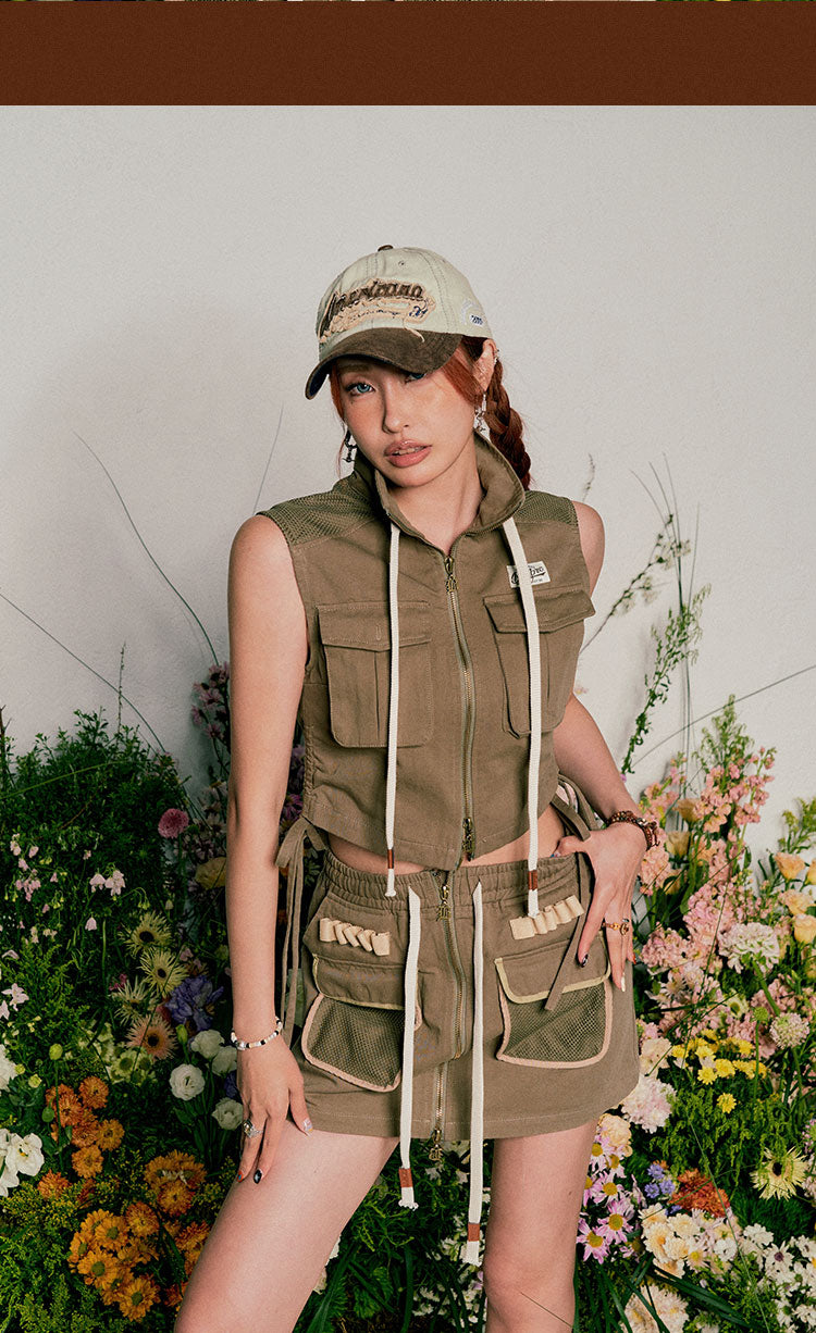 Antmvs Beer babe Solid Color Sleeveless Turtleneck Zip Up Multi-Pocket Cargo Cropped Top + Solid Color High Waist Multi-pocket Cargo Mini Set Matching Set