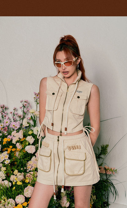 Antmvs Beer babe Solid Color Sleeveless Turtleneck Zip Up Multi-Pocket Cargo Cropped Top + Solid Color High Waist Multi-pocket Cargo Mini Set Matching Set