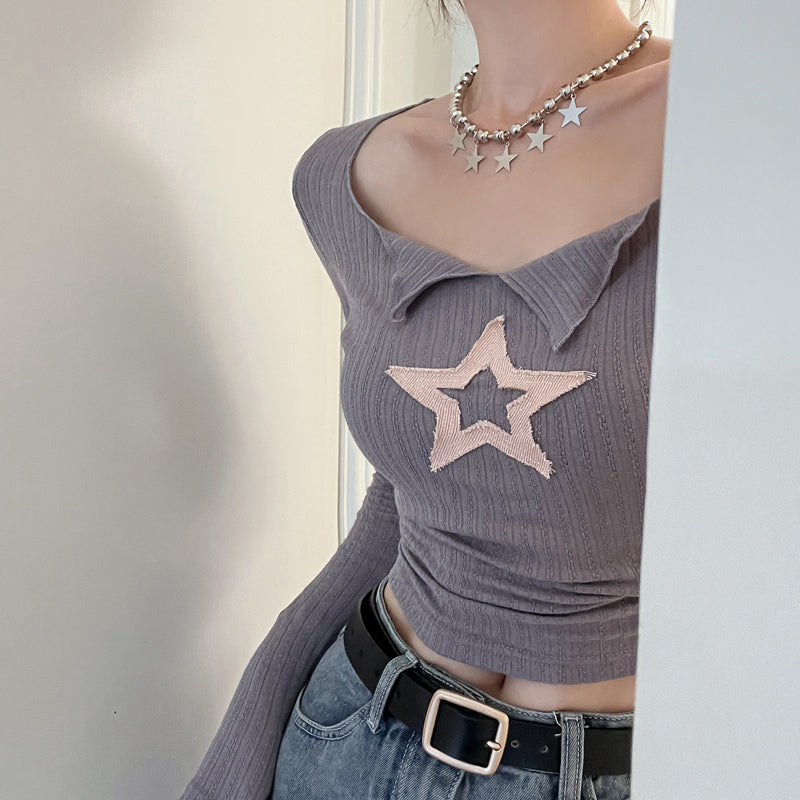 Antmvs Wallia Star Embroidery Square Neck long Sleeve Slim Cropped Top