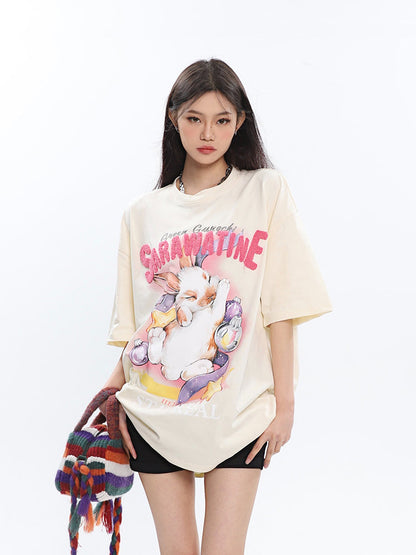 Antmvs SAWARATINE Graphic Image Print Solid Color Short Sleeve Tee Shirt Top