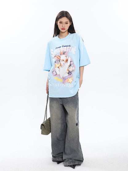 Antmvs SAWARATINE Graphic Image Print Solid Color Short Sleeve Tee Shirt Top