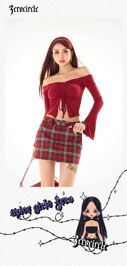 Antmvs Zerocircle Solid Color Knitwear Off-the-Shoulder Ruched Long Flare Sleeve Cropped Top