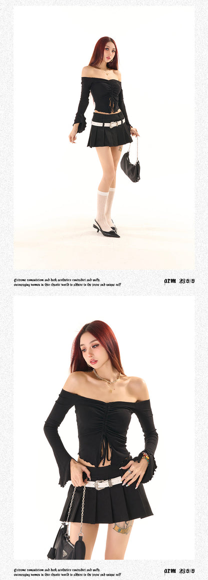 Antmvs Zerocircle Solid Color Knitwear Off-the-Shoulder Ruched Long Flare Sleeve Cropped Top