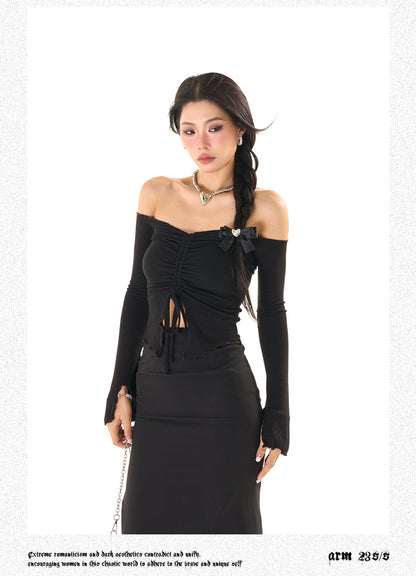 Antmvs Zerocircle Solid Color Knitwear Off-the-Shoulder Ruched Long Flare Sleeve Cropped Top