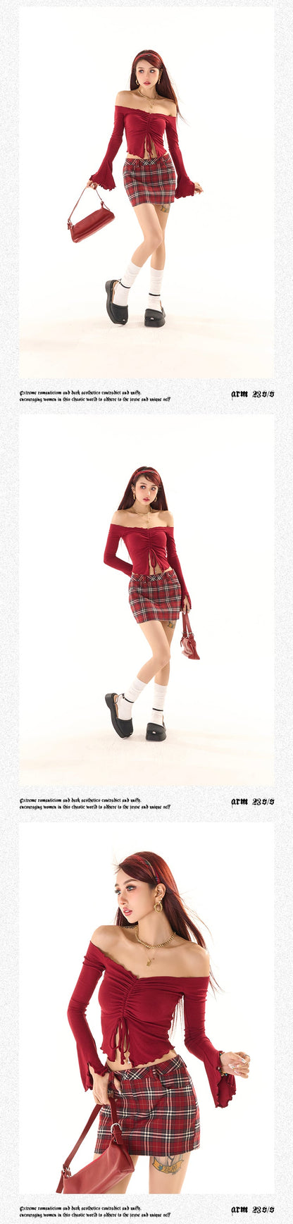 Antmvs Zerocircle Solid Color Knitwear Off-the-Shoulder Ruched Long Flare Sleeve Cropped Top